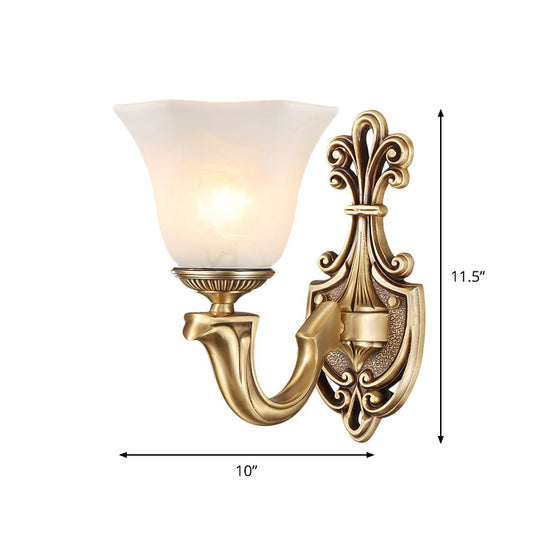 Traditional Frosted Glass Wall Mounted Lamp With Gold Finish - Inverted Bell Design And Curved Arm