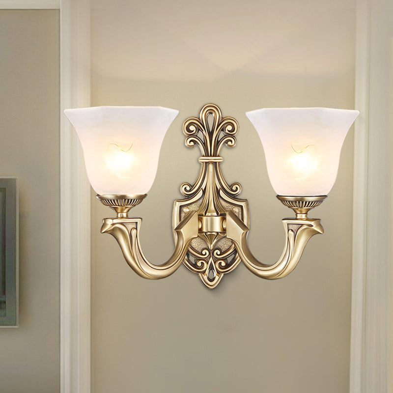 Traditional Frosted Glass Wall Mounted Lamp With Gold Finish - Inverted Bell Design And Curved Arm 2