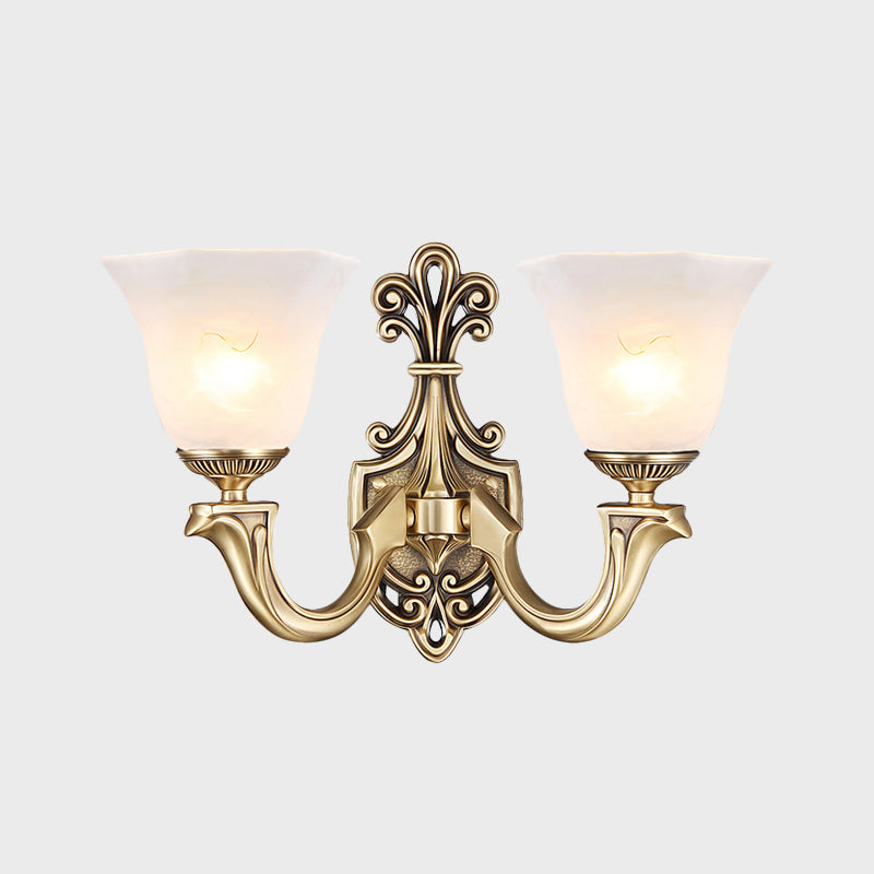 Traditional Frosted Glass Wall Mounted Lamp With Gold Finish - Inverted Bell Design And Curved Arm