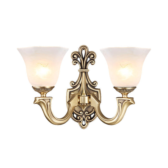 Traditional Frosted Glass Wall Mounted Lamp With Gold Finish - Inverted Bell Design And Curved Arm