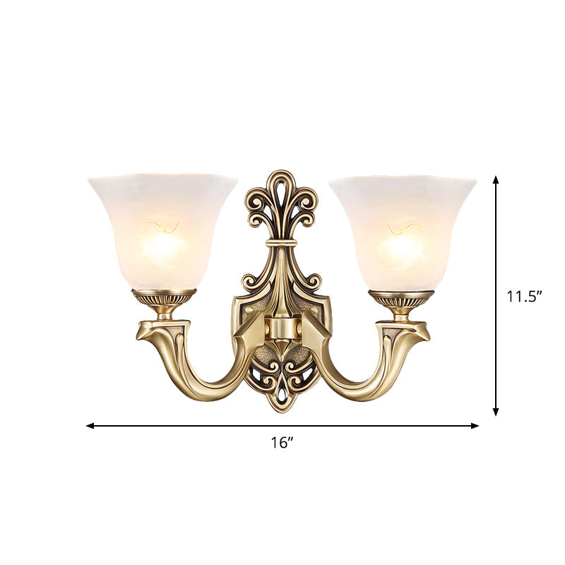 Traditional Frosted Glass Wall Mounted Lamp With Gold Finish - Inverted Bell Design And Curved Arm