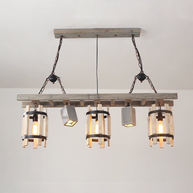 Rustic 5-Light Farmhouse Pendant With Wood Cylinder Frame - Grey/Brown Grey