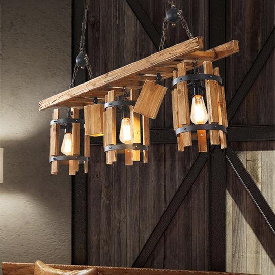 Rustic 5-Light Farmhouse Pendant With Wood Cylinder Frame - Grey/Brown Brown