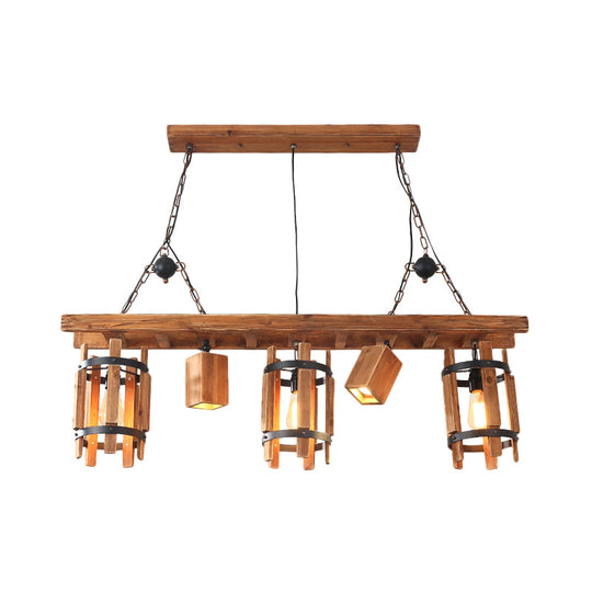 Rustic 5-Light Farmhouse Pendant With Wood Cylinder Frame - Grey/Brown