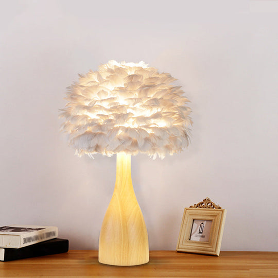 Minimalist Feather 1-Head Desk Lamp | Round Study Room Night Table Light With Bottle Wood Base -
