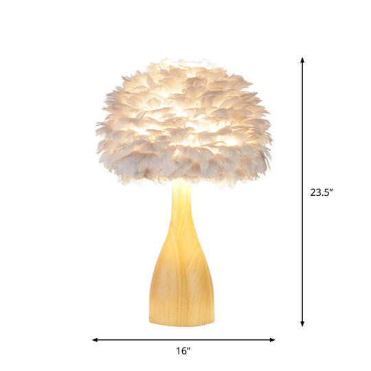 Haedus - Feather Rounded Study Room Night Table Lamp Feather 1-Head Minimalist Desk Light with Bottle Wood Base in White