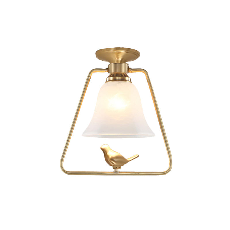 Antique Gold Frosted Glass Ceiling Light: Bell-Shaped Vintage Semi Flush With Cage & Bird Design