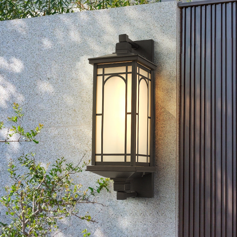 Classic Style Black Lantern Wall Sconce With Opaline Glass - 1-Light Lodge Mount Lighting