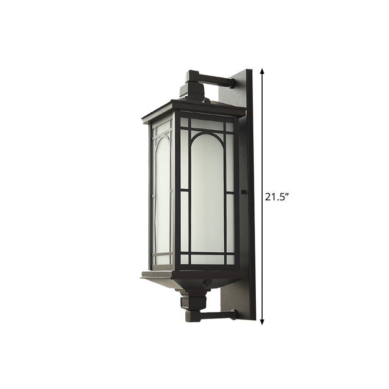 Classic Style Black Lantern Wall Sconce With Opaline Glass - 1-Light Lodge Mount Lighting