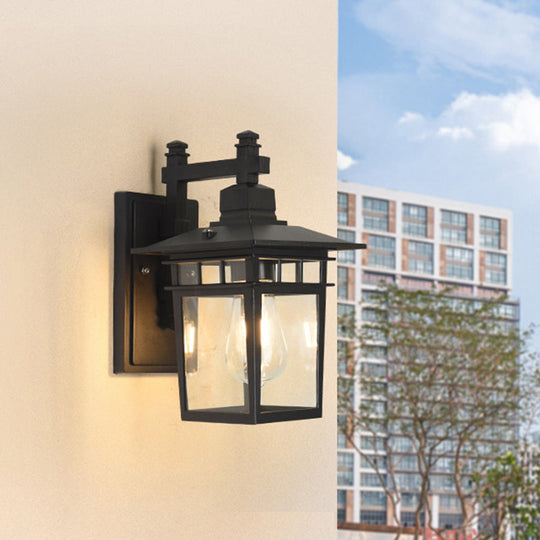 Industrial Outdoor Wall Lamp: Pavilion Clear Glass Mounted Light In Black - 1-Bulb