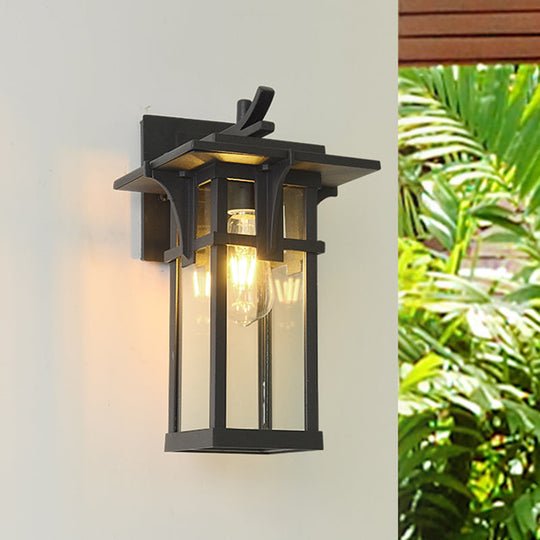 Industrial Outdoor Wall Sconce - Black/Brass Finish Clear Water Glass 1-Light