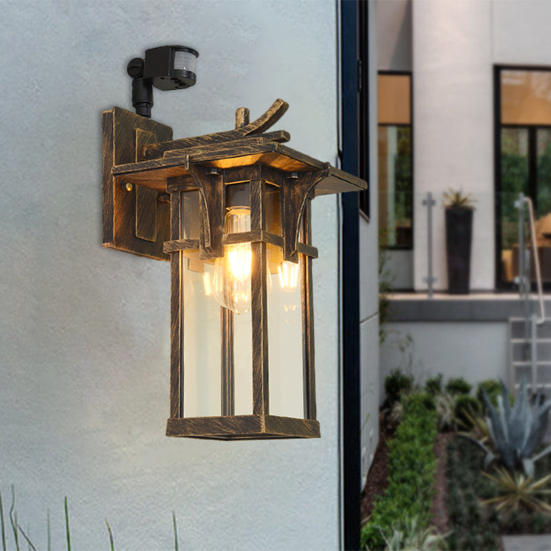 Industrial Outdoor Wall Sconce - Black/Brass Finish Clear Water Glass 1-Light