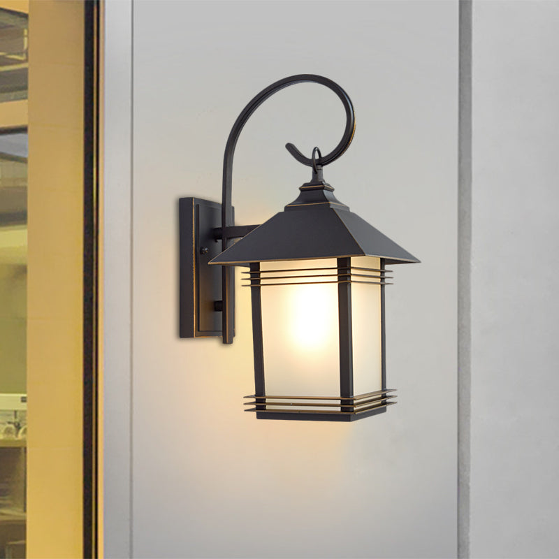 Rustic Black Lantern Wall Lamp: Opaque Glass Outdoor 1-Light Fixture