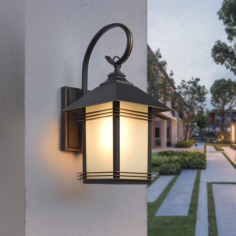 Rustic Black Lantern Wall Lamp: Opaque Glass Outdoor 1-Light Fixture