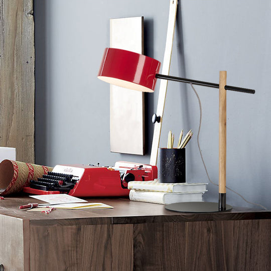 Drum Shade Desk Lamp - Contemporary Steel 1 Light Red/White Reading For Study Room
