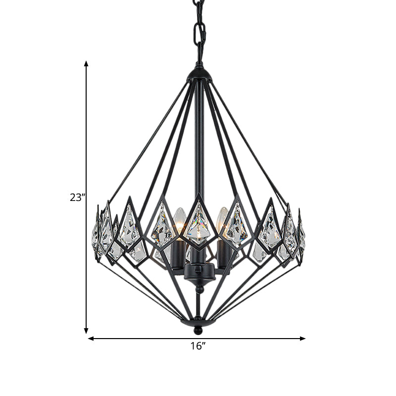 Modern Diamond Suspension Pendant Chandelier with 3 Metallic Heads and Crystal Encrustation in Black - Elegant Parlor Hanging Light