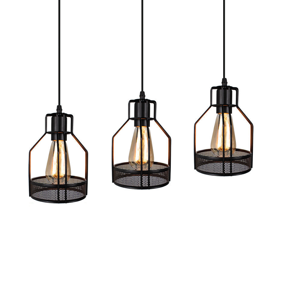 Industrial Style Metallic Black Wire Cage Pendant Light With 3 Heads - Perfect For Foyer Suspension