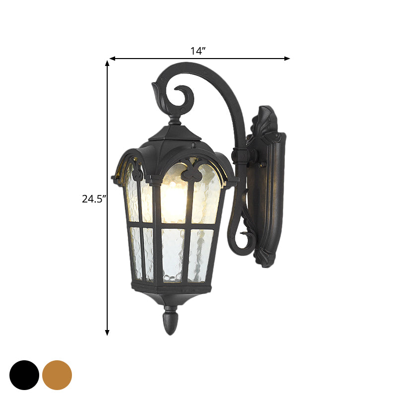 10/14 1-Light Water Glass Wall Lamp Farmhouse Black/Brass Lantern With Curvy Arm - Doorway Lighting
