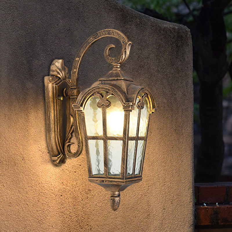 10/14 1-Light Water Glass Wall Lamp Farmhouse Black/Brass Lantern With Curvy Arm - Doorway Lighting