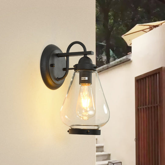 Rustic Cone Wall Mount Lighting - 1-Light Transparent Glass Lamp In Black