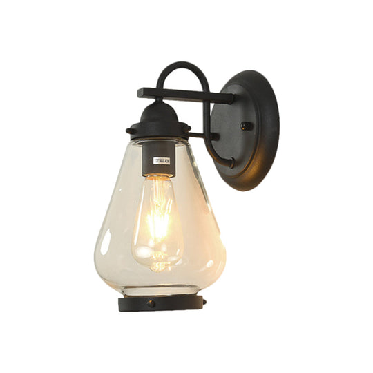 Rustic Cone Wall Mount Lighting - 1-Light Transparent Glass Lamp In Black