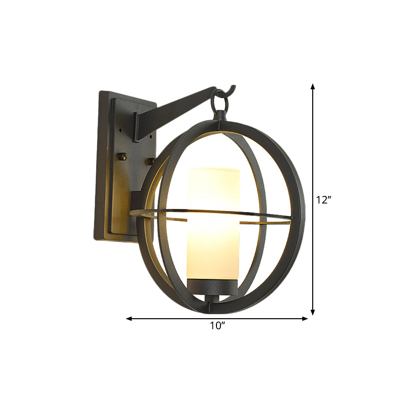 Antique Opaque Glass Wall Lamp For Courtyard - Cylindrical Design Black Spherical Frame