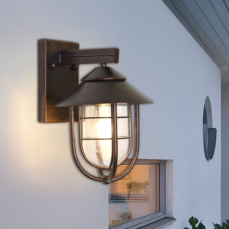 Nautical Outdoor Wall Light With Clear Glass And Metallic Cage - Black 1-Head Mount Lamp