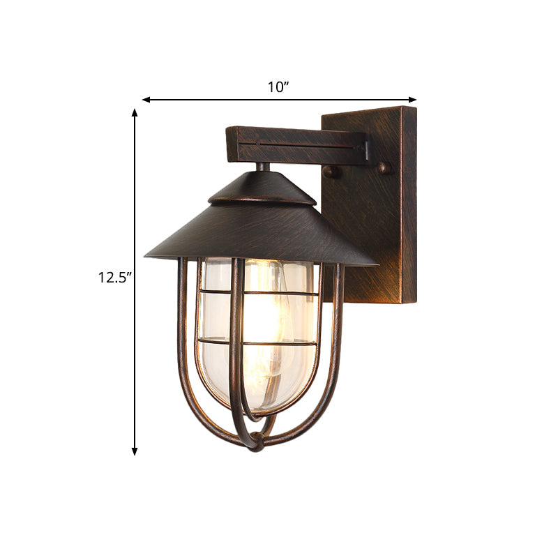 Nautical Outdoor Wall Light With Clear Glass And Metallic Cage - Black 1-Head Mount Lamp