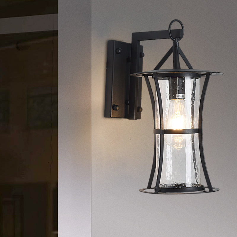 Seedy Glass Retro Wall Light With Curved Frame In Black - Cylinder Design
