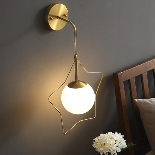 Minimalist Gold Metallic Star Wall Mounted Light With White Glass Shade - Sleek 1 Bulb Lighting