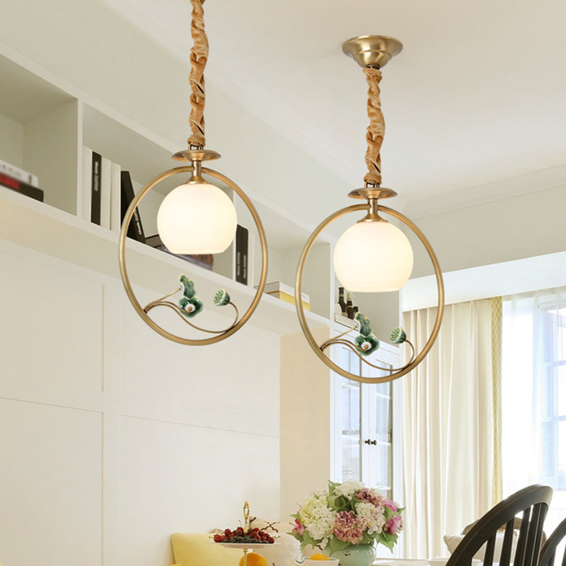 Traditional Gold & White Glass Pendulum Light With Globe Head Lotus Decor And Suspension Ring