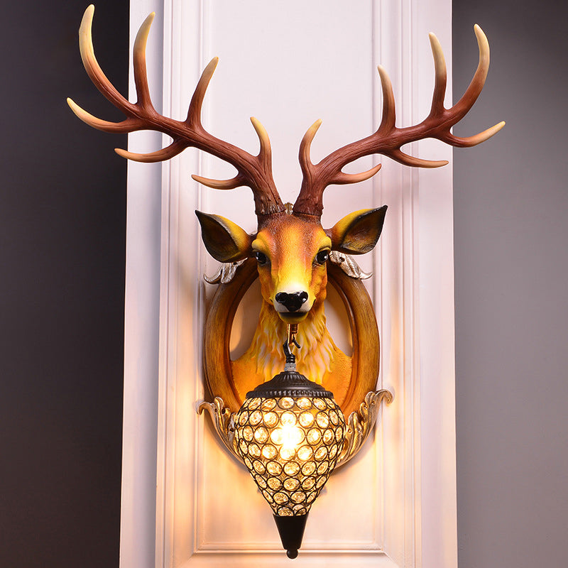 Farmhouse Deer Head Wall Sconce Light With Beveled Crystal Shade Black-Brown