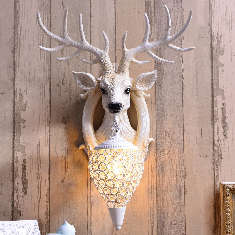 Farmhouse Deer Head Wall Sconce Light With Beveled Crystal Shade