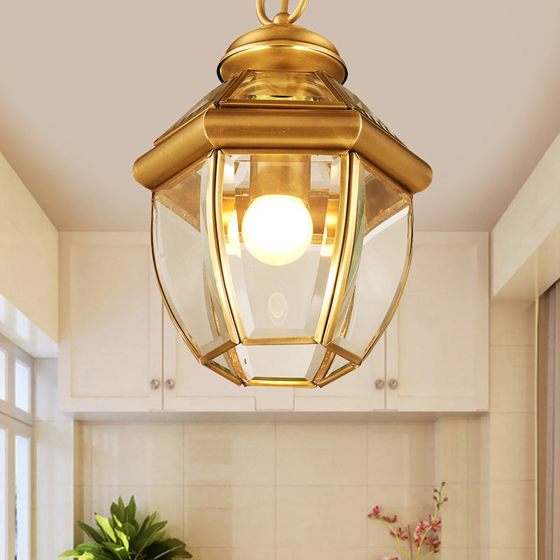 Antiqued Gold Glass Lantern Ceiling Pendant Light For Corridor