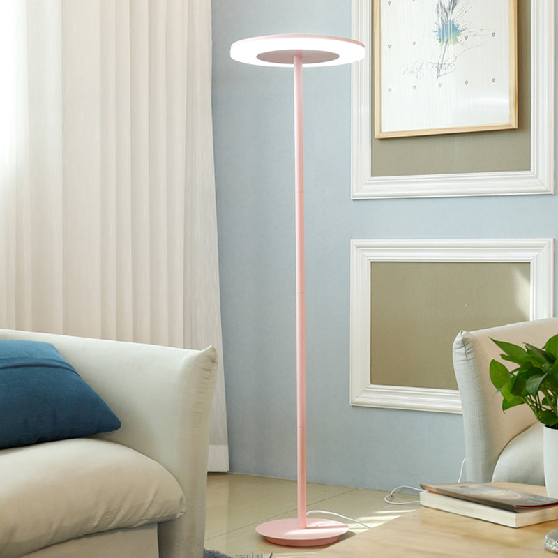 Macaron-Style Led Floor Lamp - Acrylic Disc Stand With Slender Pink/Yellow Stem: Warm/White Light