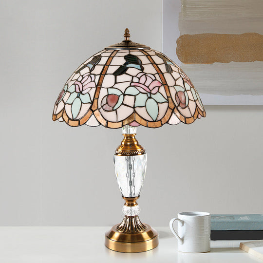 Rose Pattern Tiffany Stained Glass Nightstand Lamp In White - Domed Table Light With 1 Head