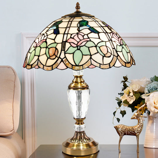 Rose Pattern Tiffany Stained Glass Nightstand Lamp In White - Domed Table Light With 1 Head