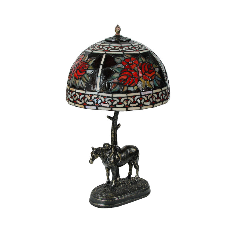Rastaban - Vintage Stained Glass Bronze Desk Lamp Bowl 1-Bulb Vintage Night Table Light with Boy on Horse Deco
