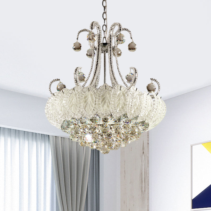 White Pendant Chandelier With Crystal Ball Accent 8-Bulb Simplicity Light Kit And Scrolled Frame
