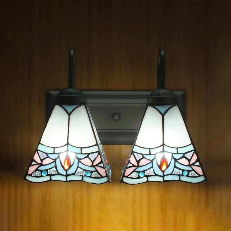 2-Head Pyramid Stained Glass Sconce Light With Tiffany Style - Black/Brass/Bronze Wall Mount Fixture