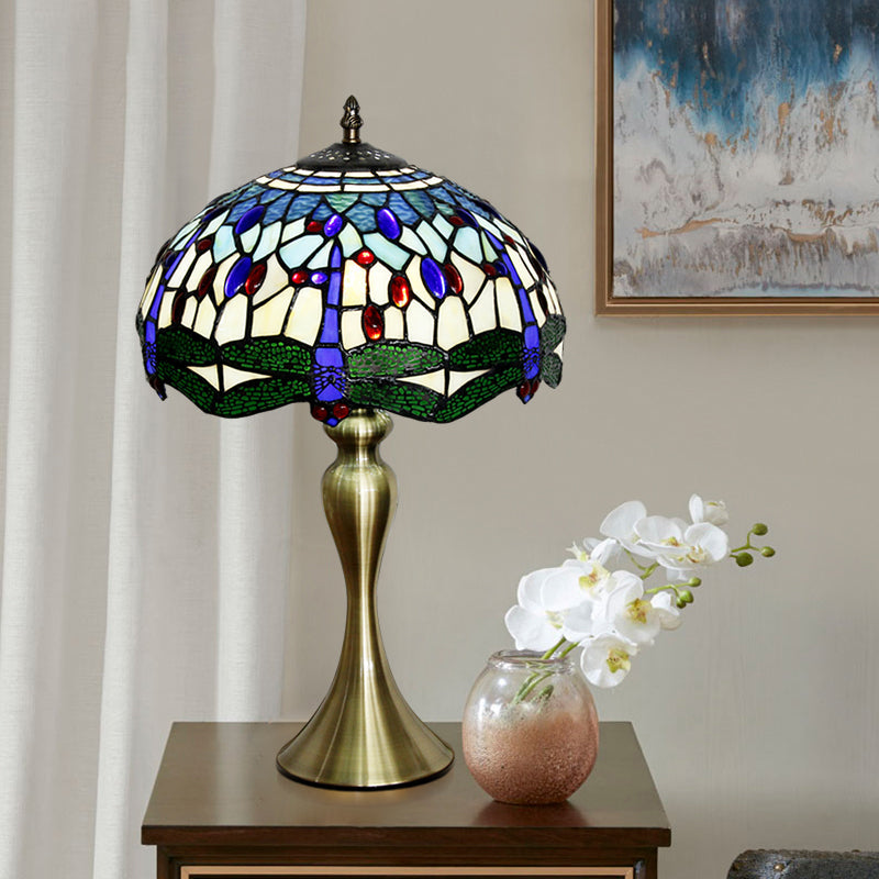 Mediterranean Style Blue Stained Glass Head Table Lamp With Beaded Scalloped Shade - Nightstand