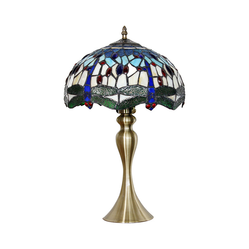 Eva - Blue Blue 1 Head Table Lighting Mediterranean Stained Glass Scalloped Nightstand Lamp with Beaded