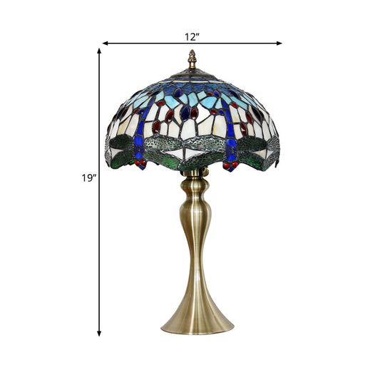 Mediterranean Style Blue Stained Glass Head Table Lamp With Beaded Scalloped Shade - Nightstand
