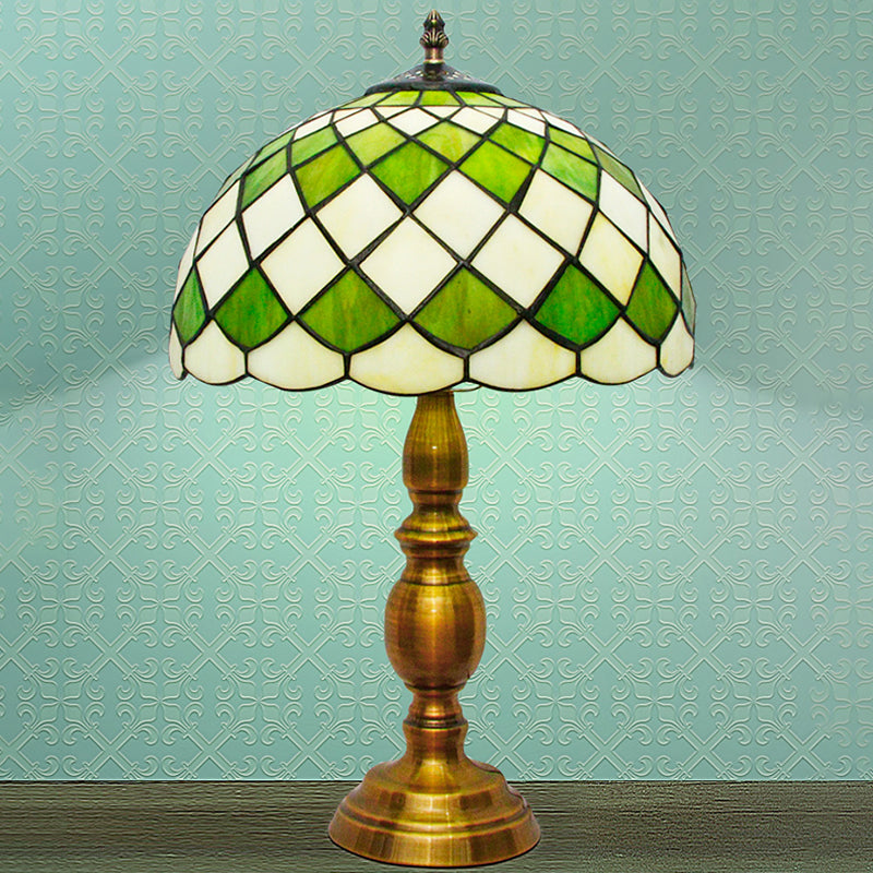 Classic Green Hand Cut Glass Nightstand Lamp With Grid Pattern - Single Bulb Dome Desk Light