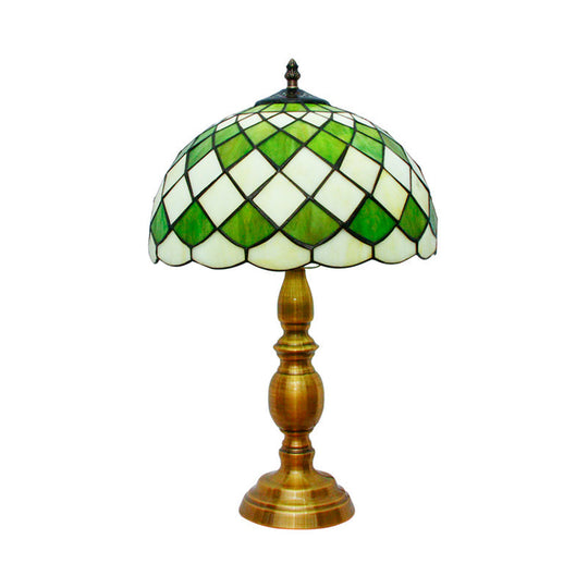 Classic Green Hand Cut Glass Nightstand Lamp With Grid Pattern - Single Bulb Dome Desk Light
