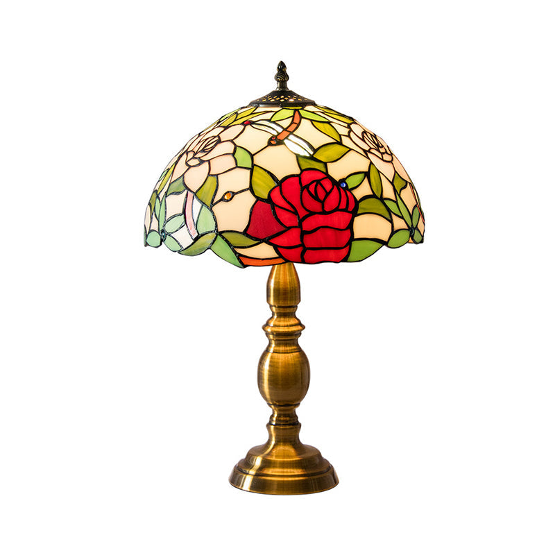 Melanie - Traditional Green Glass Dome Night Lamp with Rose & Dragonfly Pattern
