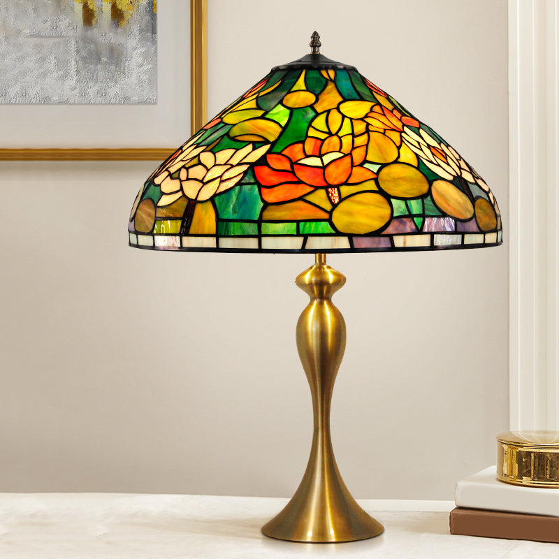 Emily - Vintage 1 Head Night Light Vintage Conical Multicolored Stained Glass Desk Lamp with Lotus Pattern in Brass