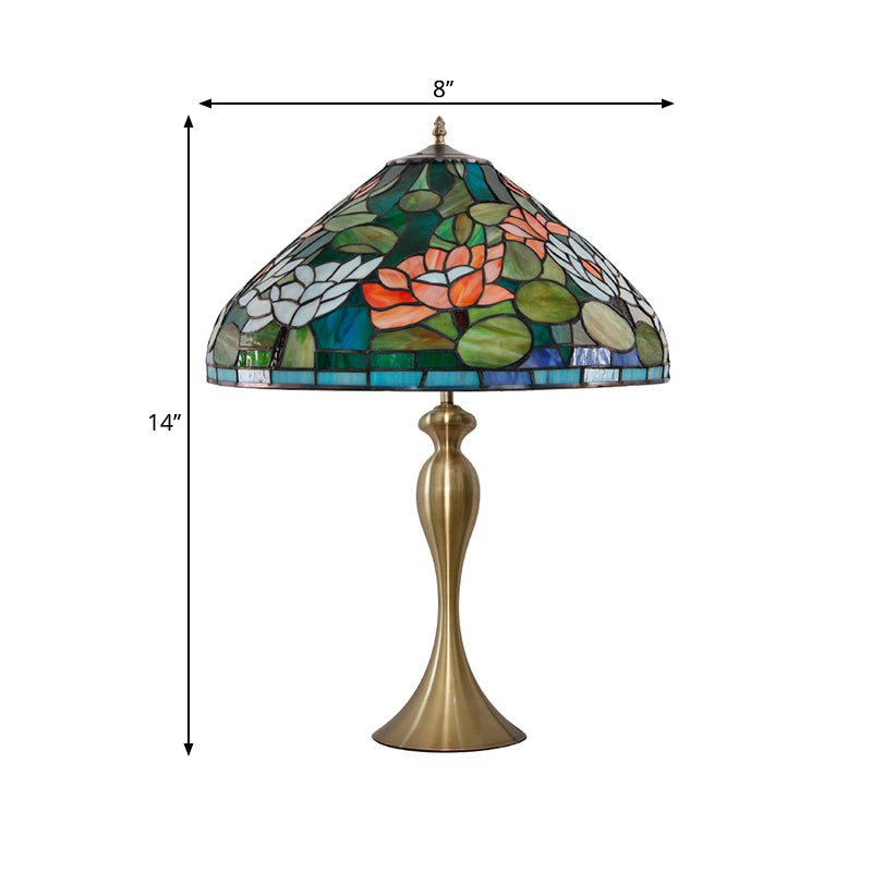 Vintage Conical Stained Glass Desk Lamp - Multicolored Night Light With Lotus Pattern In Brass