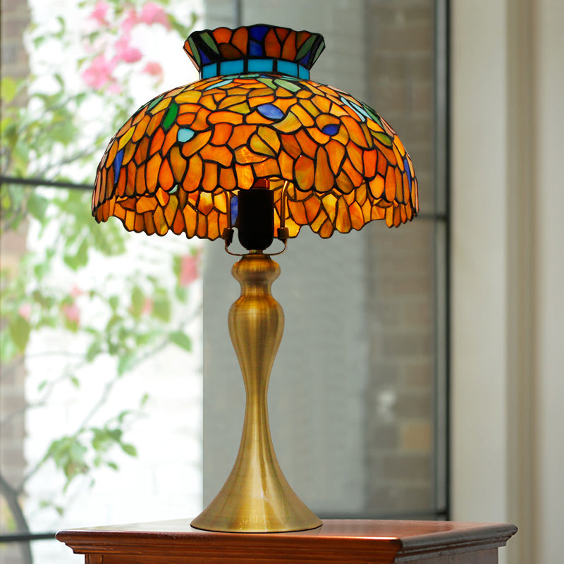 Vintage Stained Glass Dome Nightstand Lamp With Mermaid Base - Brass Desk Lighting