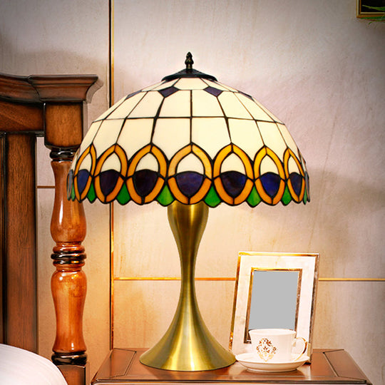 1-Light Traditional Stained Art Glass Nightstand Lamp With Peacock Feather Pattern In Brass Finish